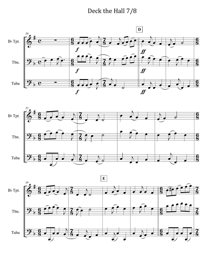 Deck the Halls 7/8 for Brass Trio (Trumpet, Trombone, Tuba) Brass Trio scores gallery preview page 3