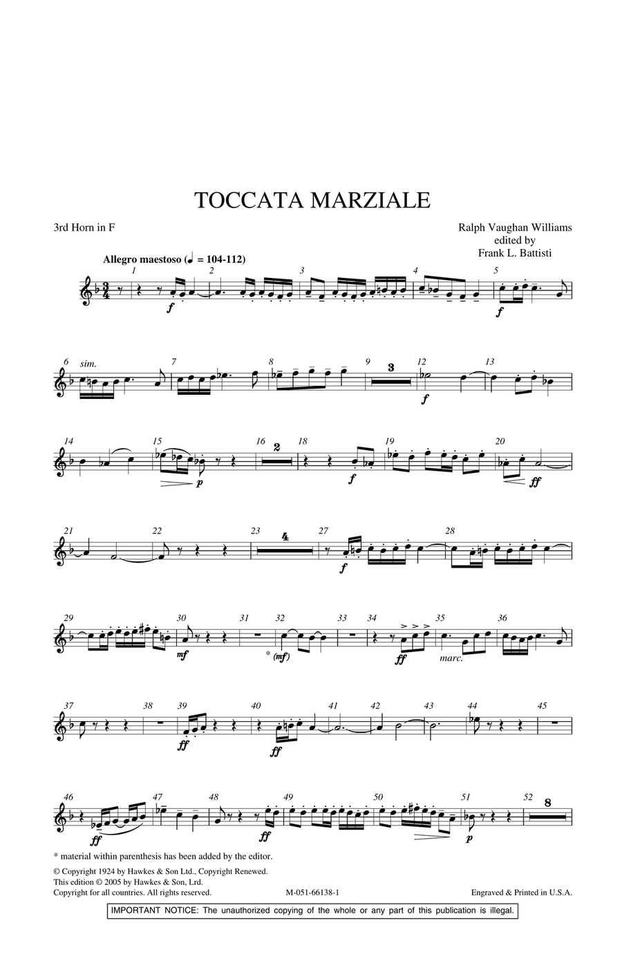 Toccata Marziale - 3rd Horn in F Concert Band scores gallery preview page 1