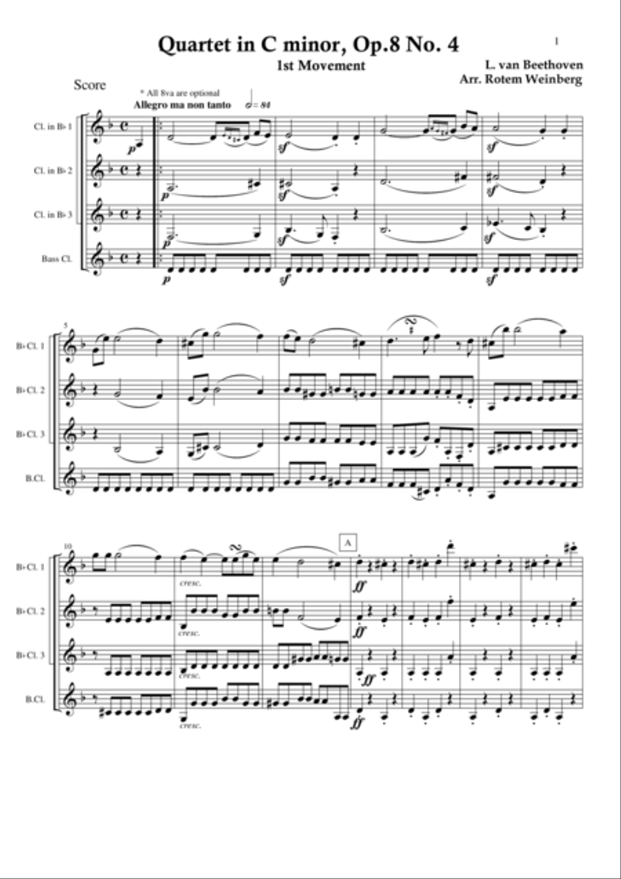 Quartet in C minor, Op.8 No.4, mvmt.1 (Clarinet Quartet) Clarinet Quartet scores gallery preview page 1