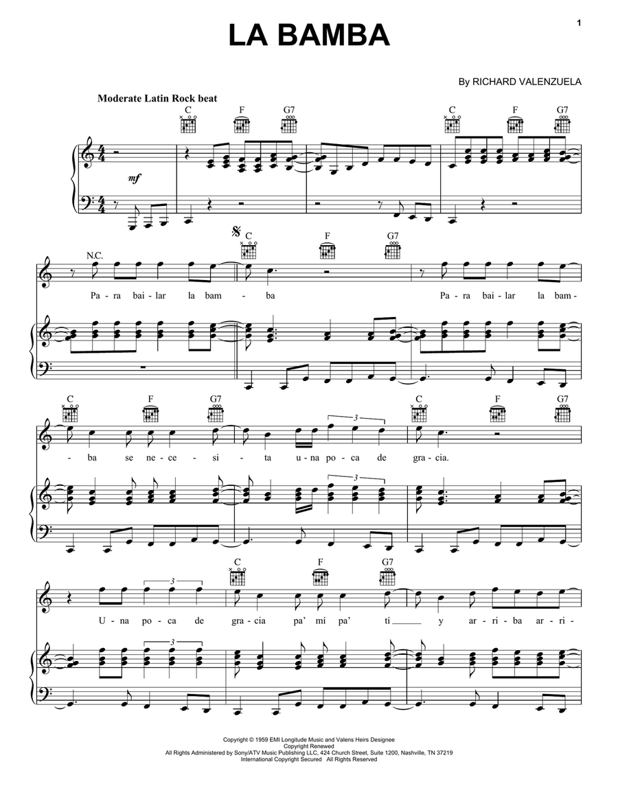La Bamba Piano, Vocal, Guitar scores gallery preview page 1