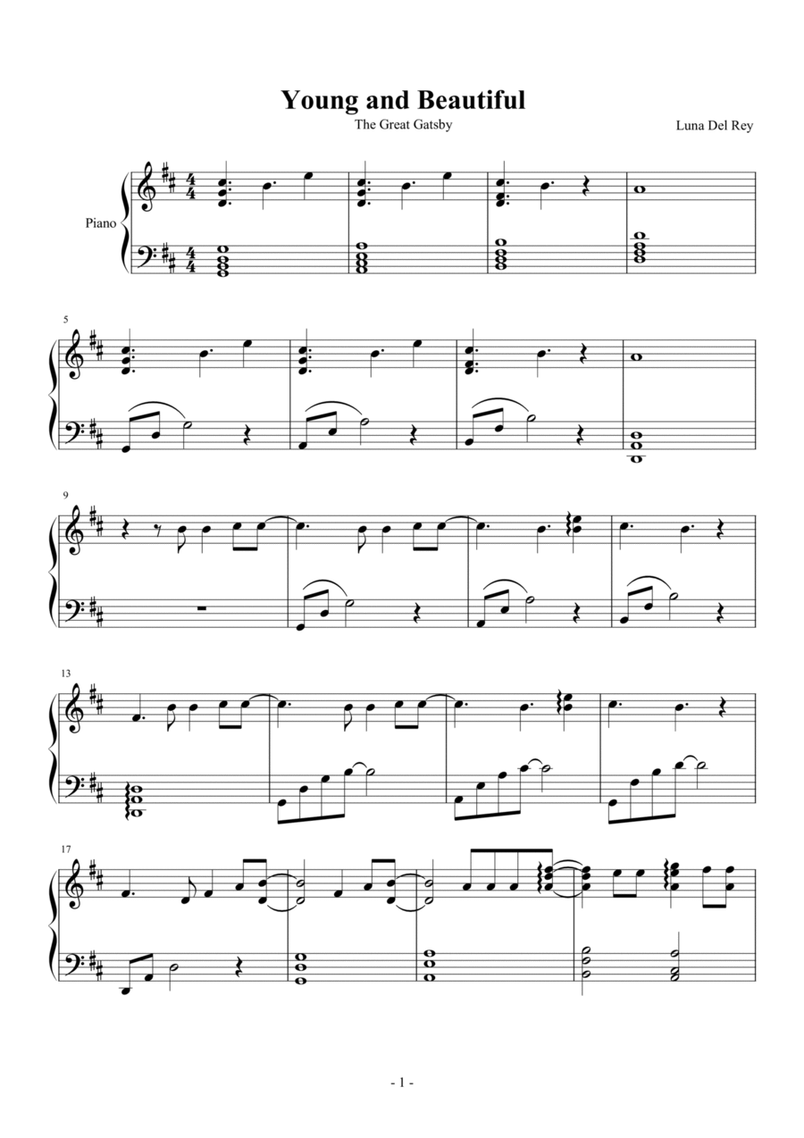 Young And Beautiful Piano Solo scores gallery preview page 1