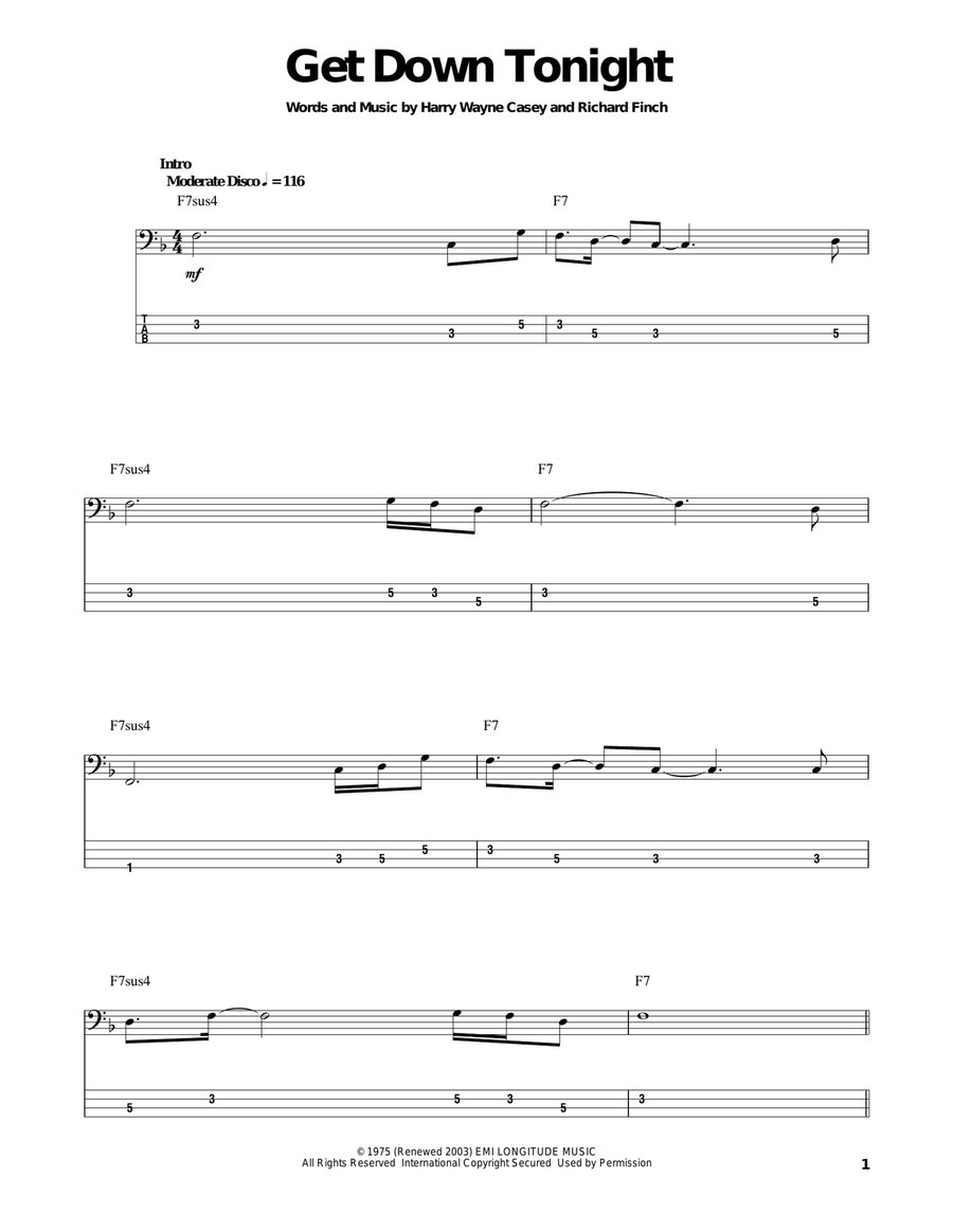 Get Down Tonight Bass Guitar Tablature scores gallery preview page 1