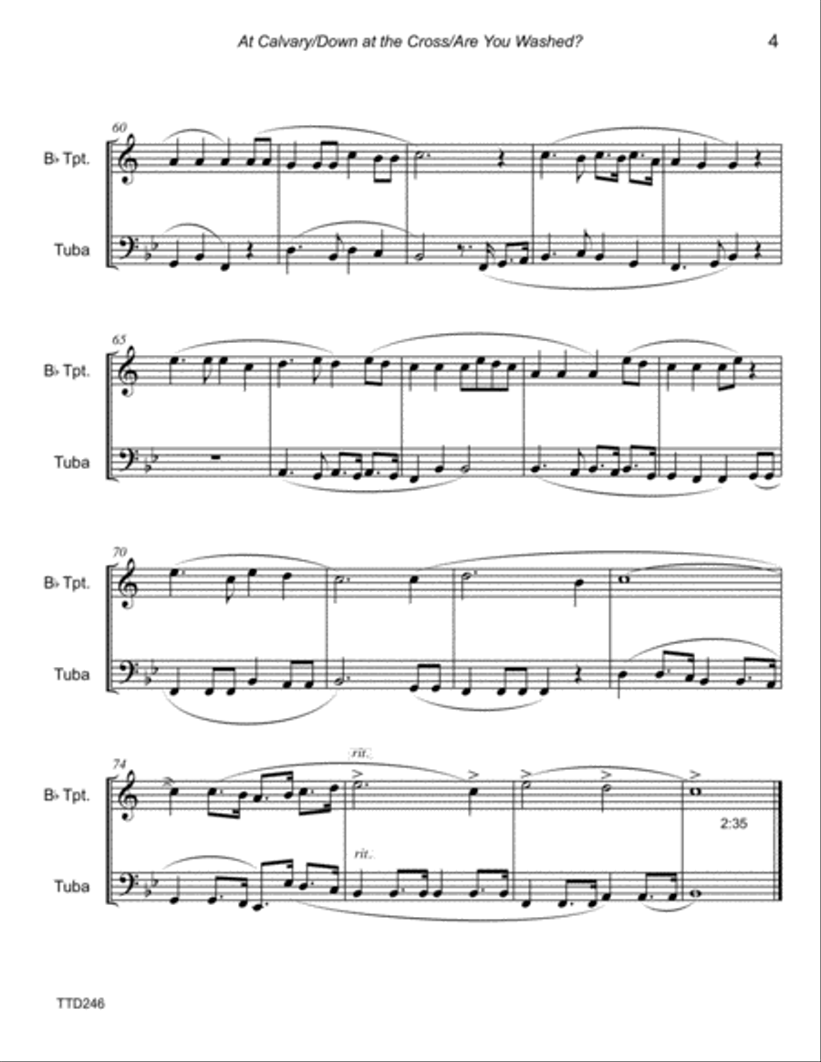 AT CALVARY/DOWN AT THE CROSS/ARE YOU WASHED - medley for TRUMPET & TUBA Brass Ensemble scores gallery preview page 4