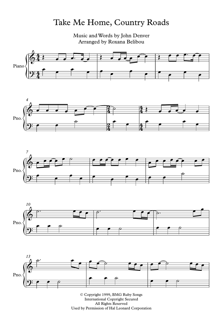 Take Me Home, Country Roads Easy Piano scores gallery preview page 1