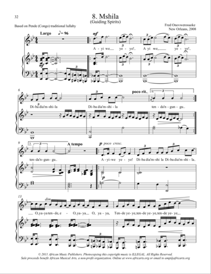 Twelve African Songs for Solo Voice and Piano - 8. MSHILA (Guiding Spirits) SAT scores gallery preview page 1