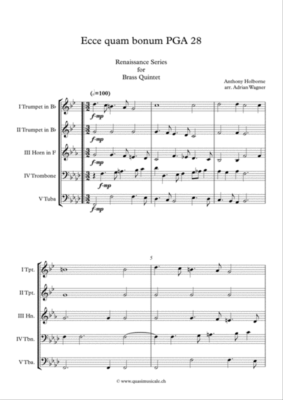 Ecce quam bonum PGA 28 (Anthony Holborne) Brass Quintet arr. Adrian Wagner Brass Quintet scores gallery preview page 2