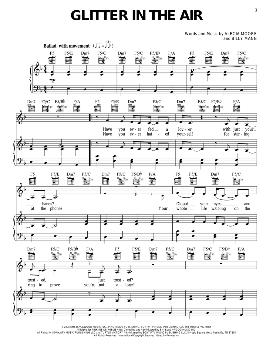 Glitter In The Air Piano, Vocal, Guitar scores gallery preview page 1
