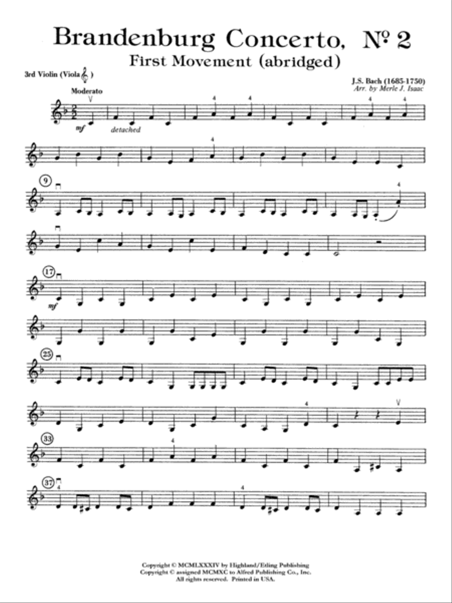 Brandenburg Concerto No. 2: 3rd Violin (Viola [TC]) String Orchestra scores gallery preview page 1