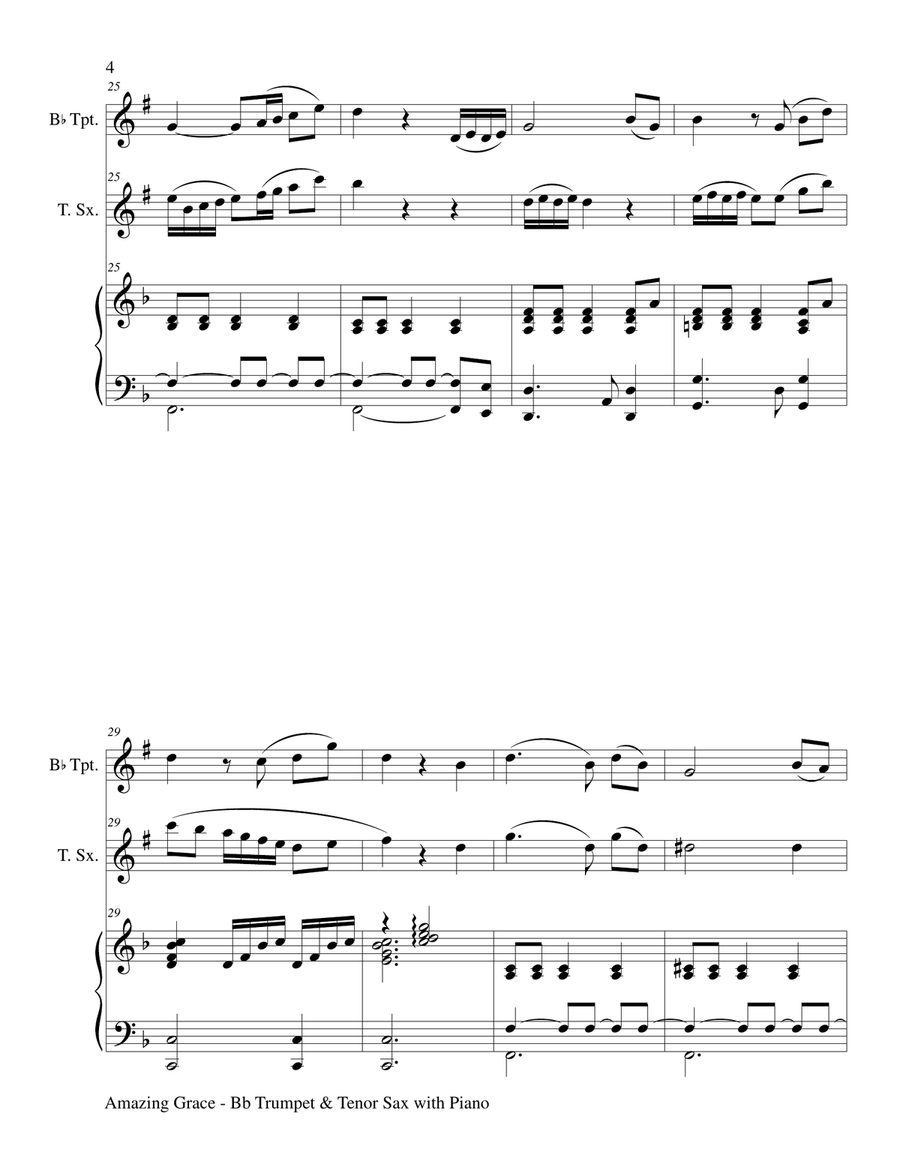 AMAZING GRACE (Bb Trumpet & Tenor Sax with Piano - Score & Parts included) Tenor Saxophone scores gallery preview page 5