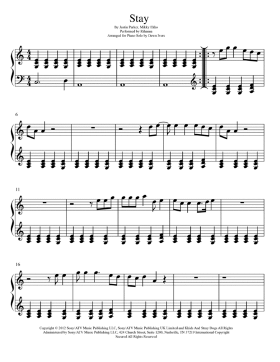 Stay Piano Solo scores gallery preview page 2