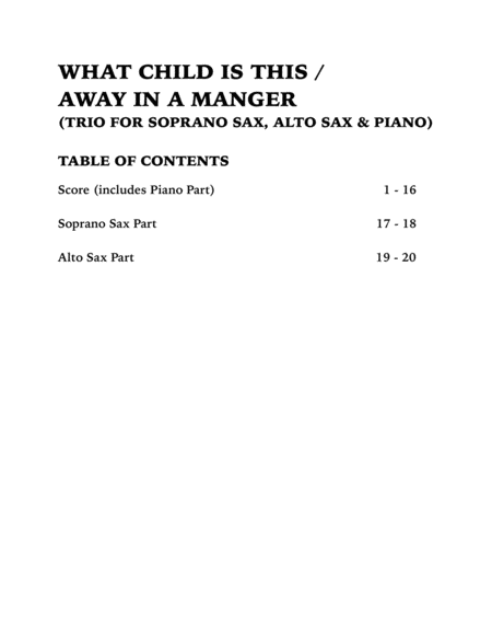 Christmas Medley (What Child is This / Away in a Manger): Trio for Soprano Sax, Alto Sax and Piano image number null