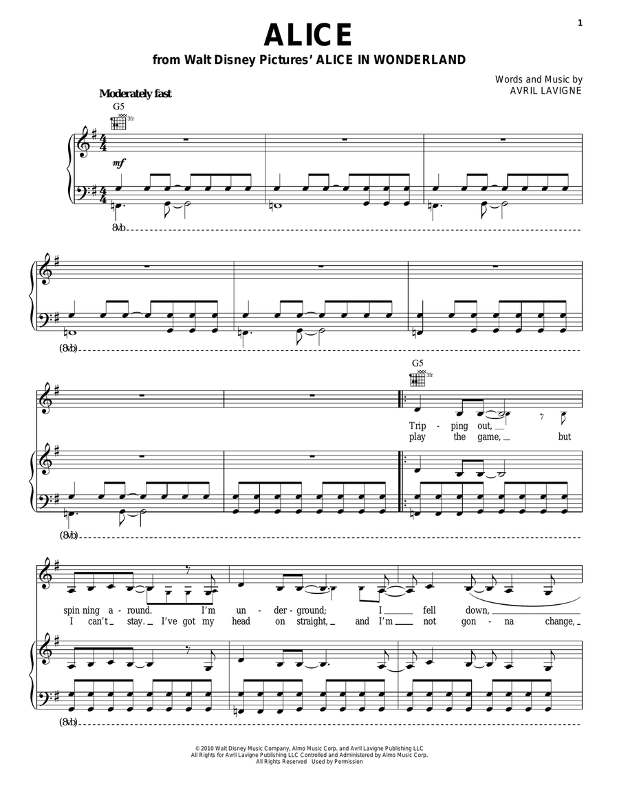 Alice Piano, Vocal, Guitar scores gallery preview page 1