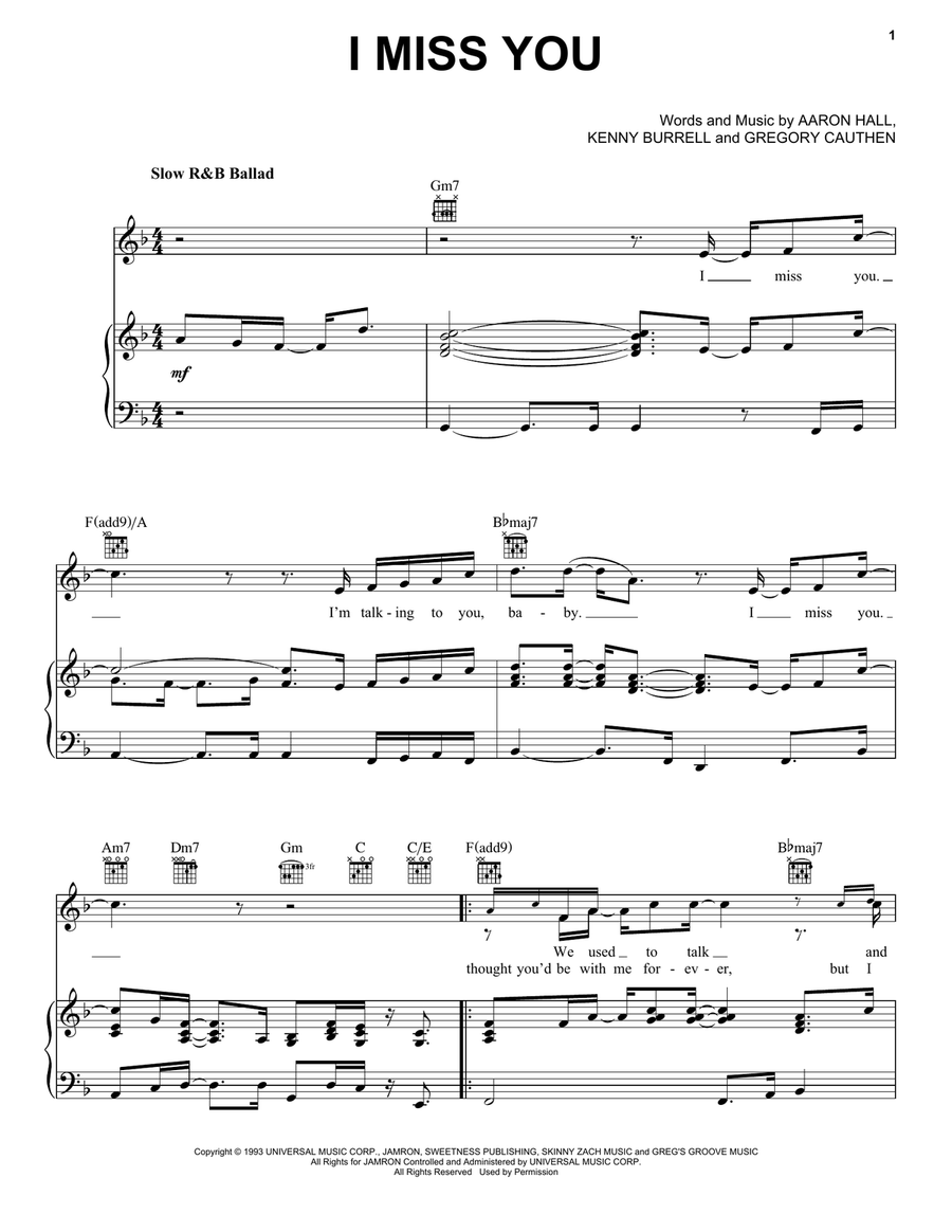 I Miss You I Miss You Piano, Vocal, Guitar scores gallery preview page 1