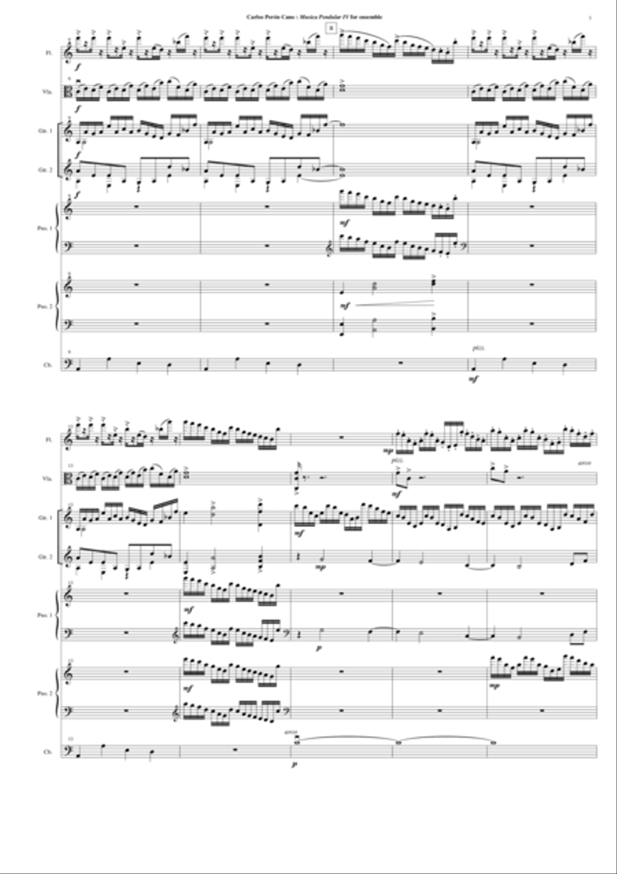 Carlos Perón Cano: Musica pendular IV for flute, viola, two guitars, two pianos and contrabass Small Ensemble scores gallery preview page 3