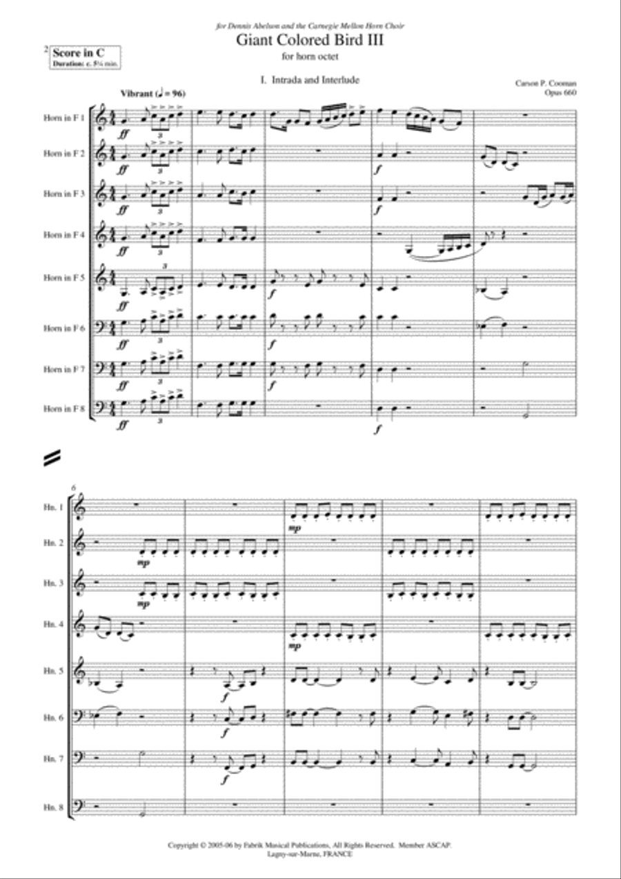 Carson Cooman: Giant Colored Bird III (2005) for horn octet Brass Ensemble scores gallery preview page 2