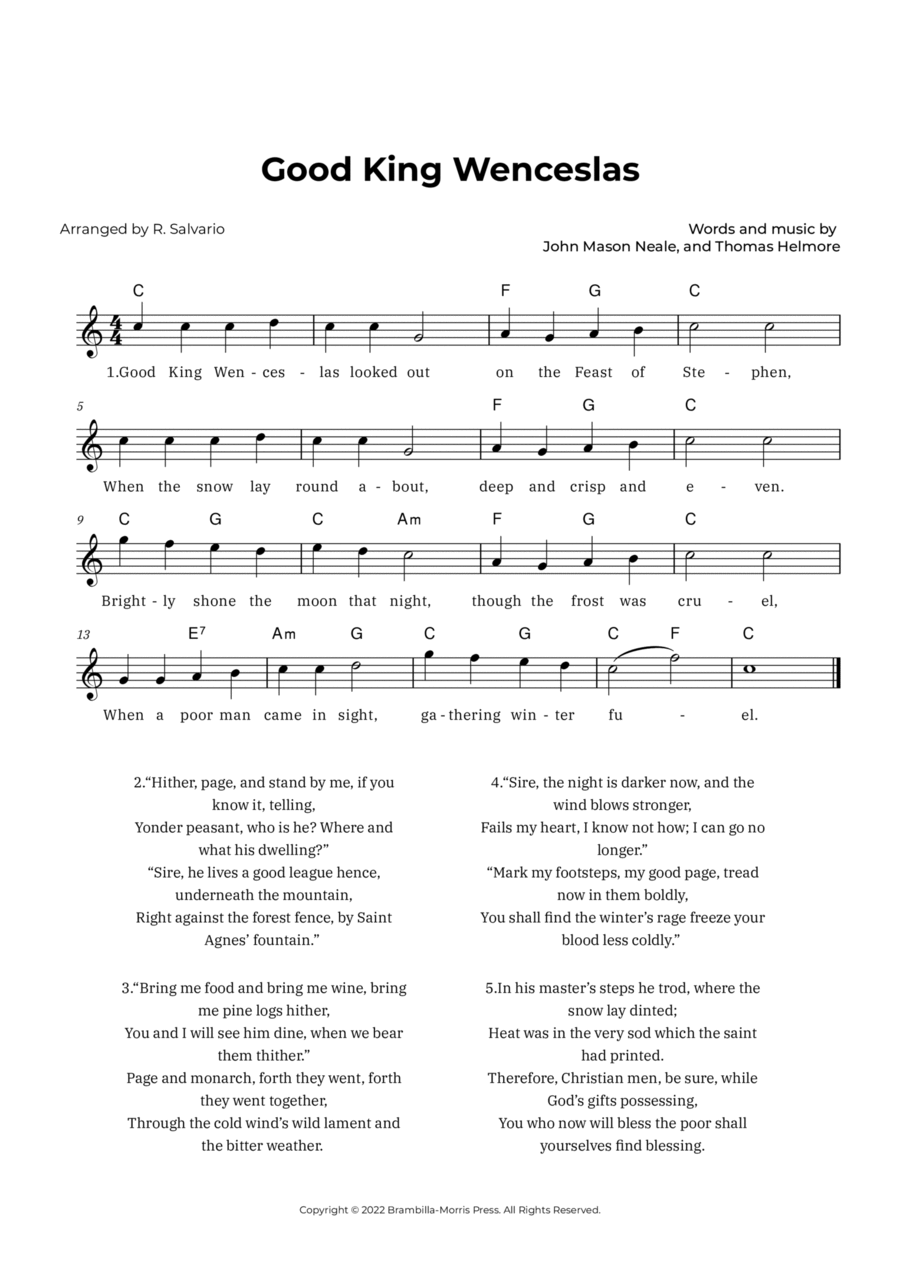 Good King Wenceslas (Key of C Major) Easy Piano scores gallery preview page 1