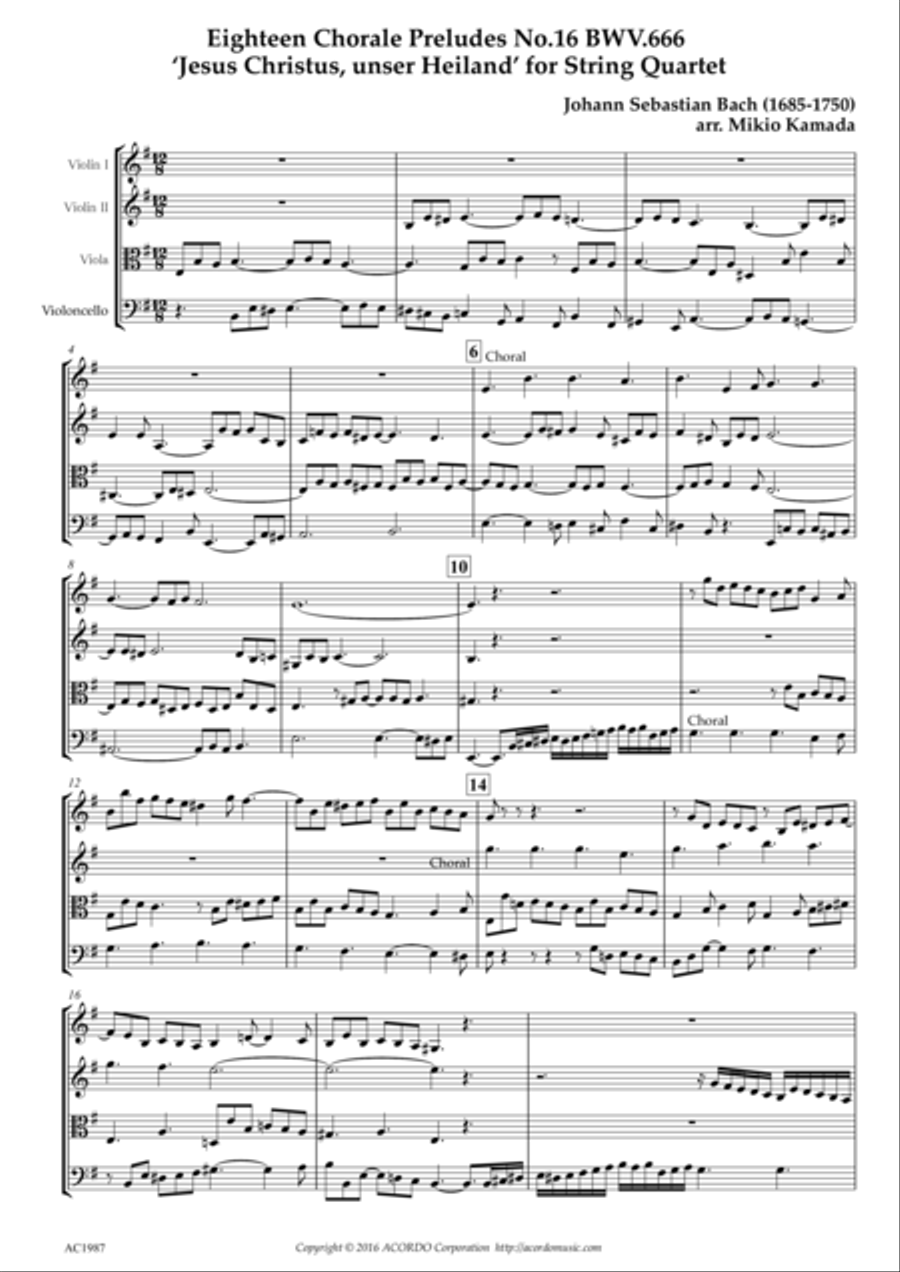 Eighteen Chorale Preludes No.16 BWV.666 ‘Jesus Christus, unser Heiland’ for String Quartet String Quartet scores gallery preview page 1