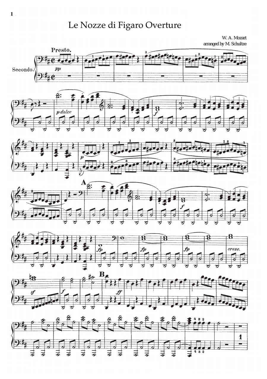 Mozart Le Nozze di Figaro Overture, for piano duet(1 piano, 4 hands), PM801