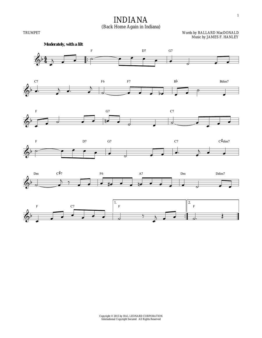 Indiana (Back Home Again In Indiana) Trumpet Solo scores gallery preview page 1