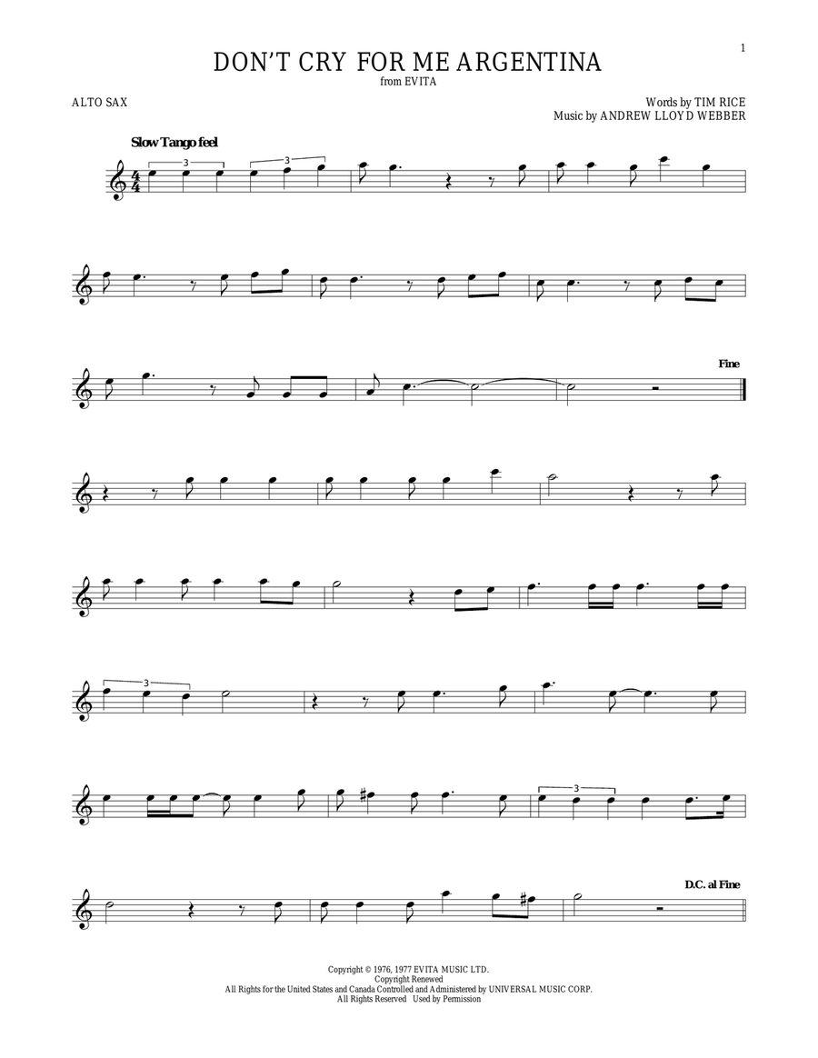 Don't Cry For Me Argentina Alto Saxophone scores gallery preview page 1