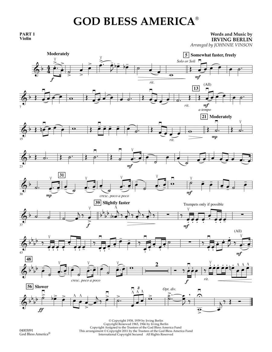 God Bless America - Pt.1 - Violin Concert Band scores gallery preview page 1