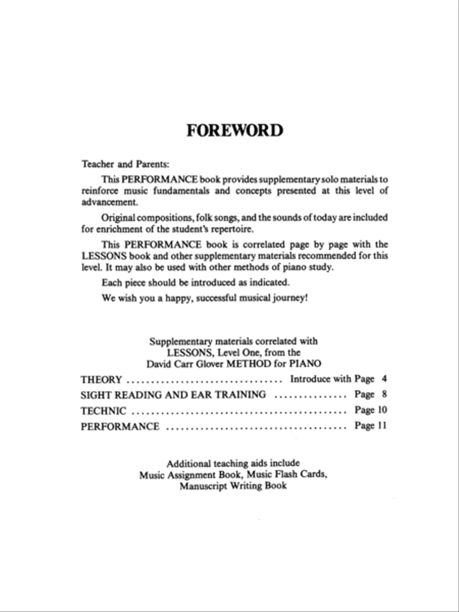 David Carr Glover Method for Piano Performance