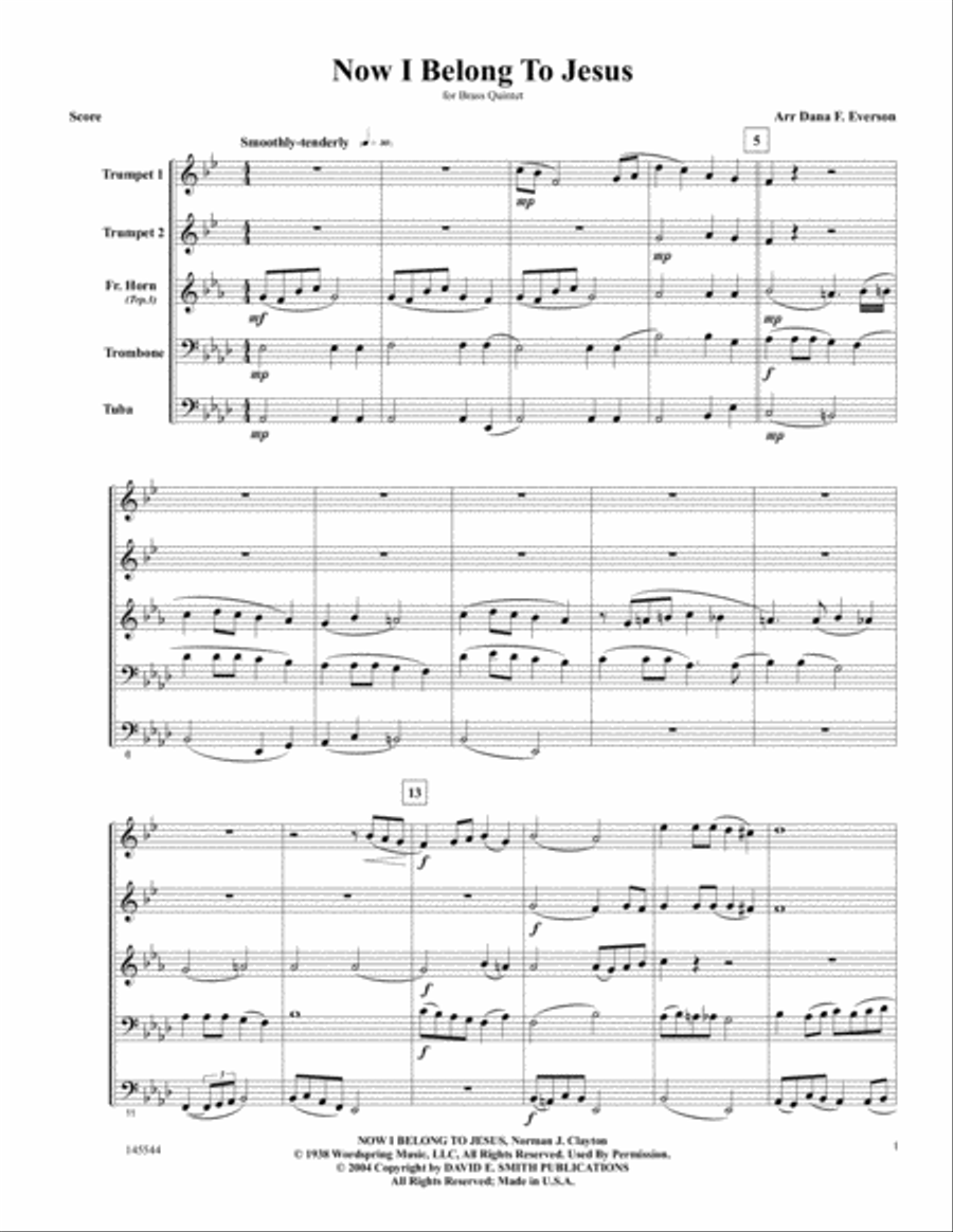 Now I Belong To Jesus Now I Belong To Jesus Brass Quintet scores gallery preview page 1