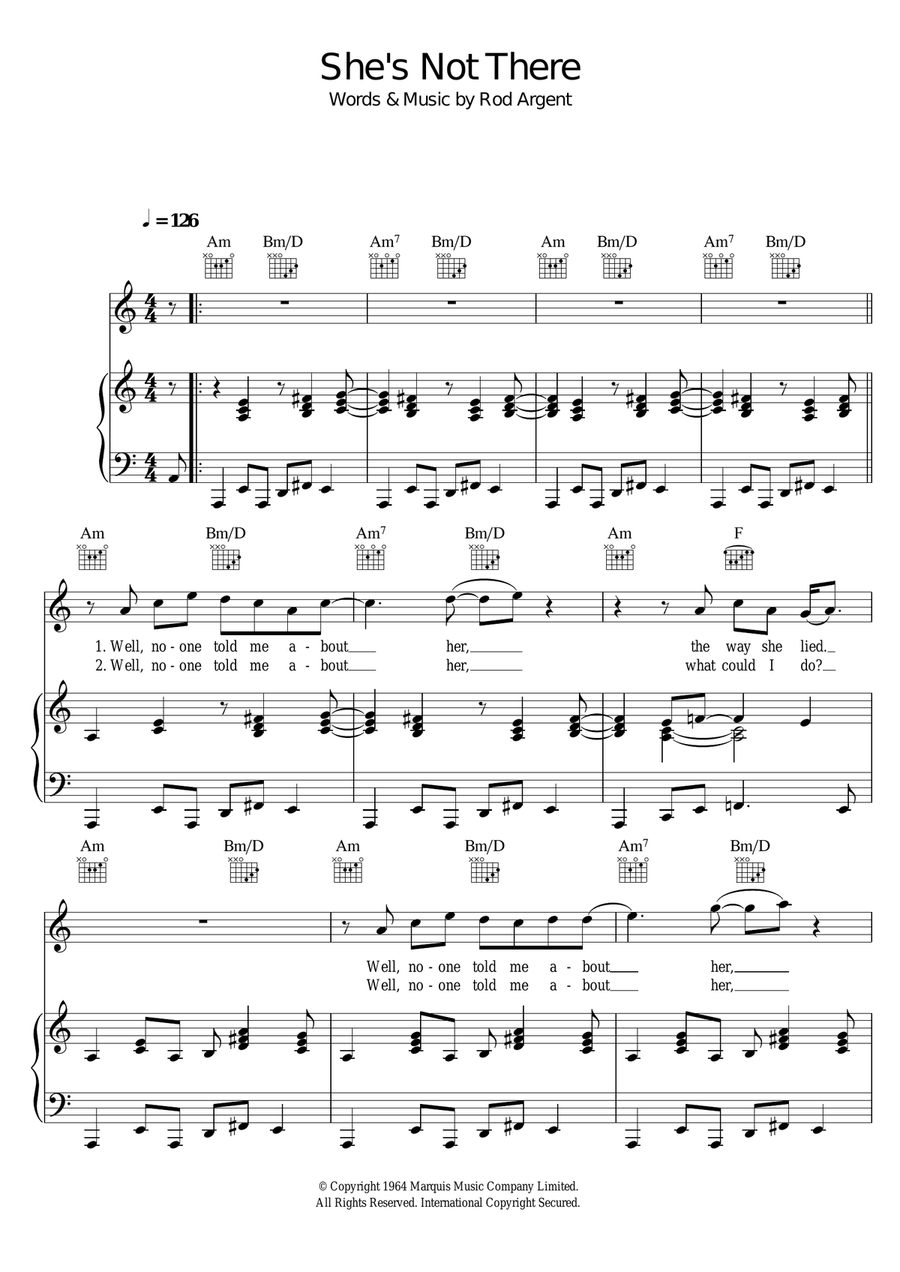 She's Not There Piano, Vocal scores gallery preview page 1