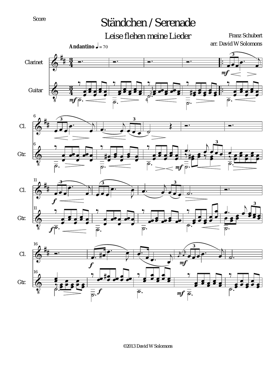Ständchen (Leise flehen meine Lieder) for clarinet and guitar Clarinet scores gallery preview page 2