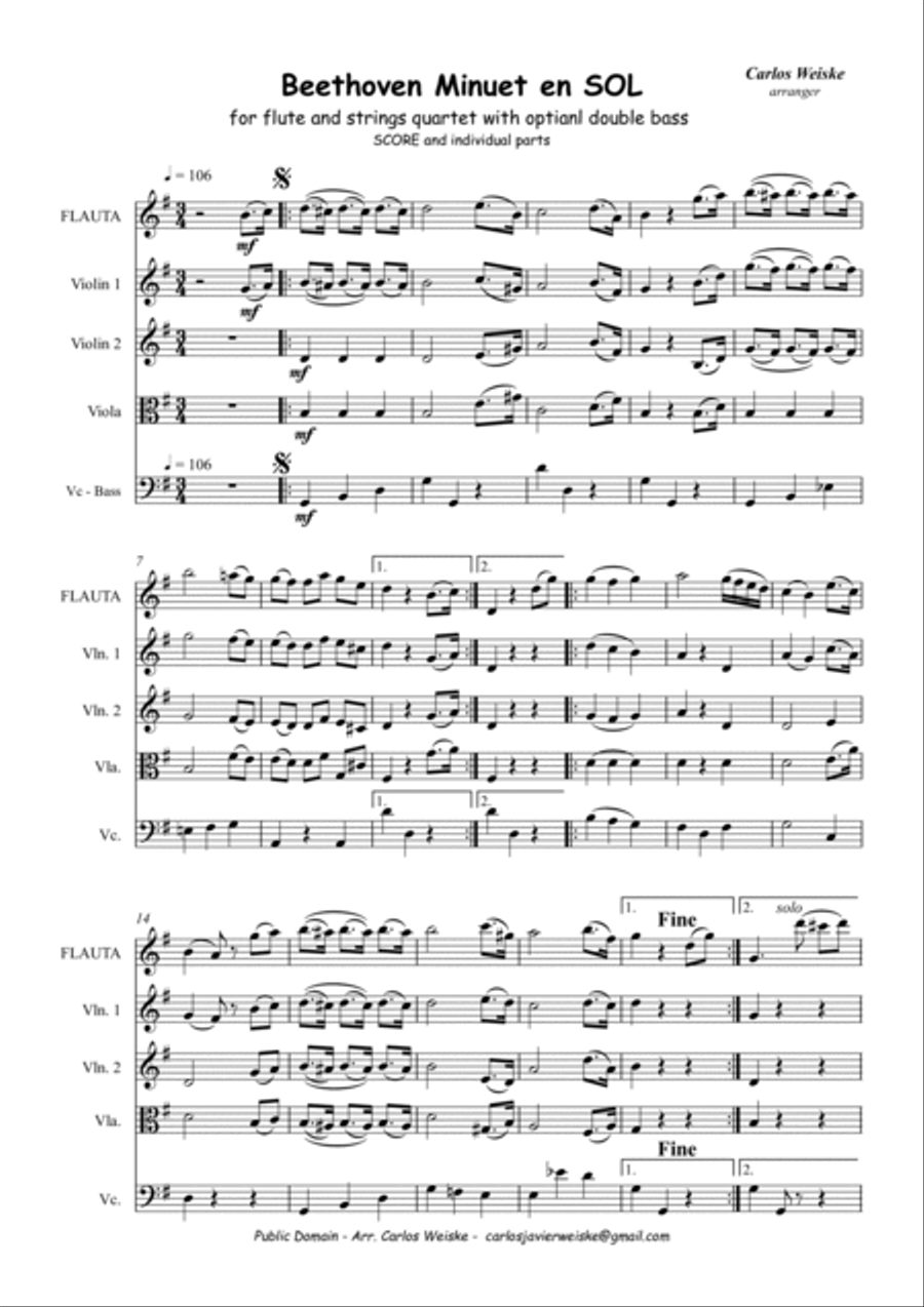 Beethoven Minuett in G for flute and string quartet with optional double bass Flute scores gallery preview page 2