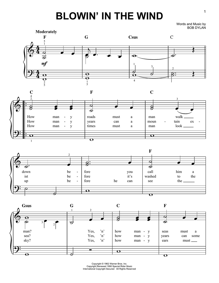 Blowin' In The Wind Easy Piano scores gallery preview page 1