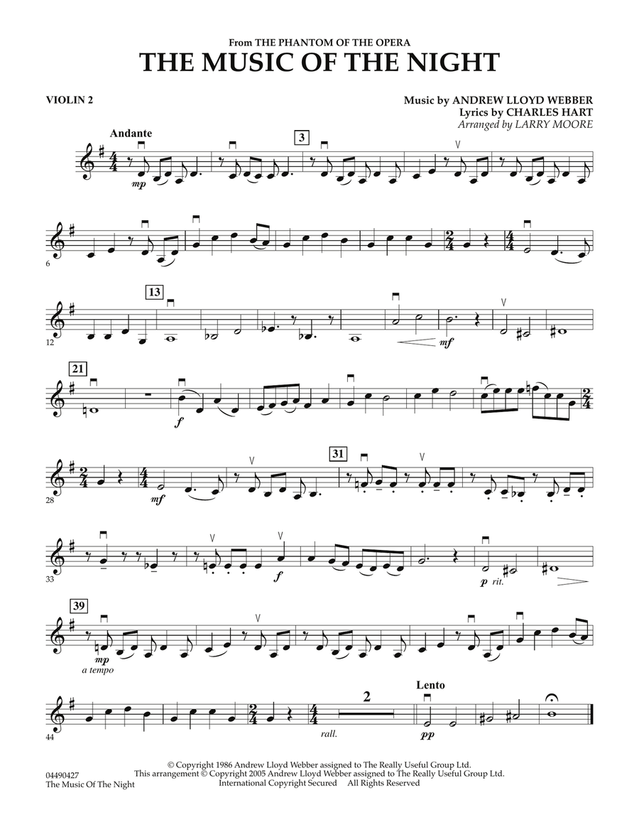 The Music of the Night (from The Phantom of the Opera) - Violin 2 String Quartet scores gallery preview page 1