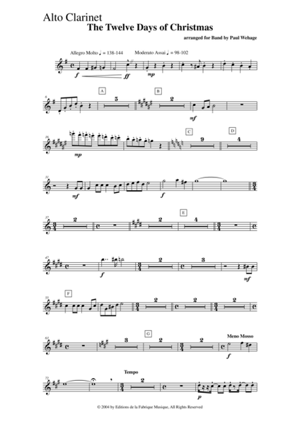 Paul Wehage : The Twelve Days Of Christmas, arranged for concert band, alto clarinet part
