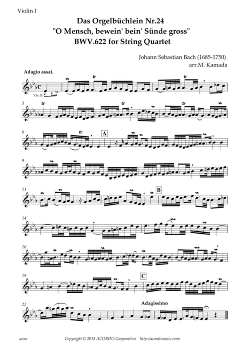 Das Orgelbüchlein "O Mensch, bewein dein' Sünde gross" BWV.622 for String Quartet image number null
