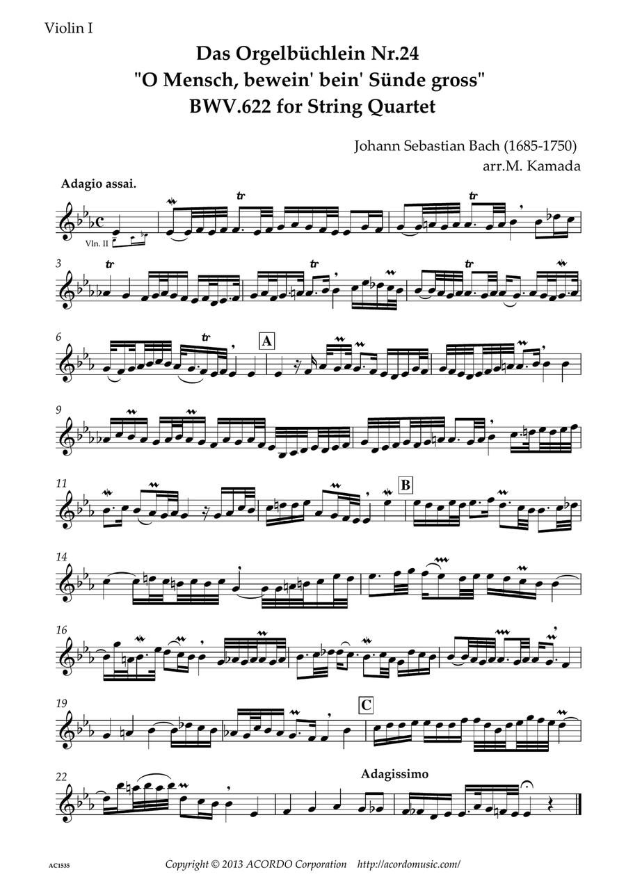 Das Orgelbüchlein "O Mensch, bewein dein' Sünde gross" BWV.622 for String Quartet image number null