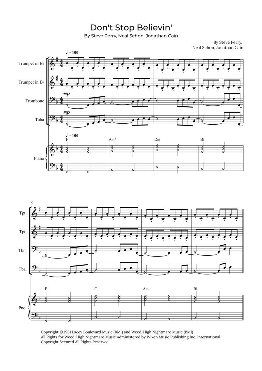Don't Stop Believin' Brass Quartet scores gallery preview page 1
