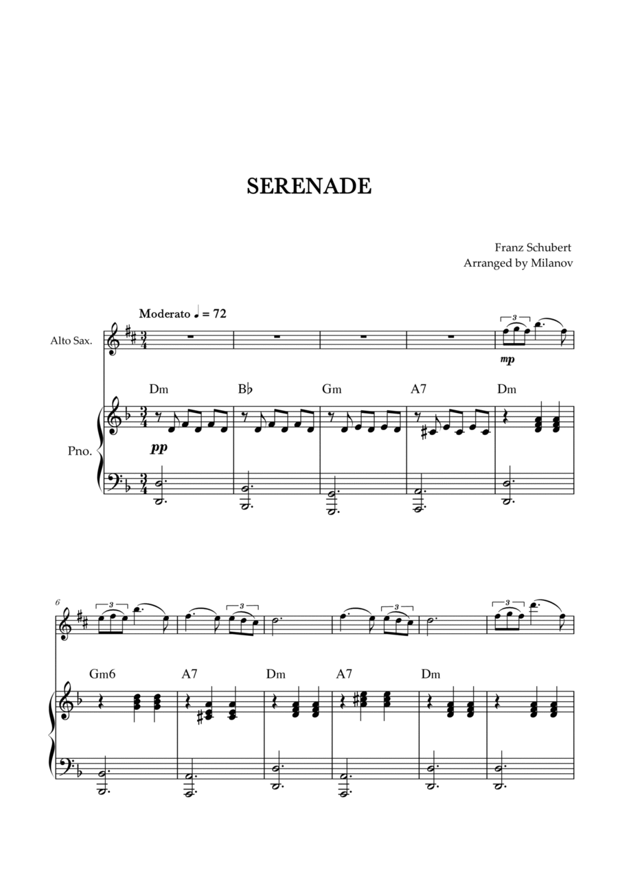 Serenade | Schubert | Alto Sax | Piano | Chords Alto Saxophone scores gallery preview page 1