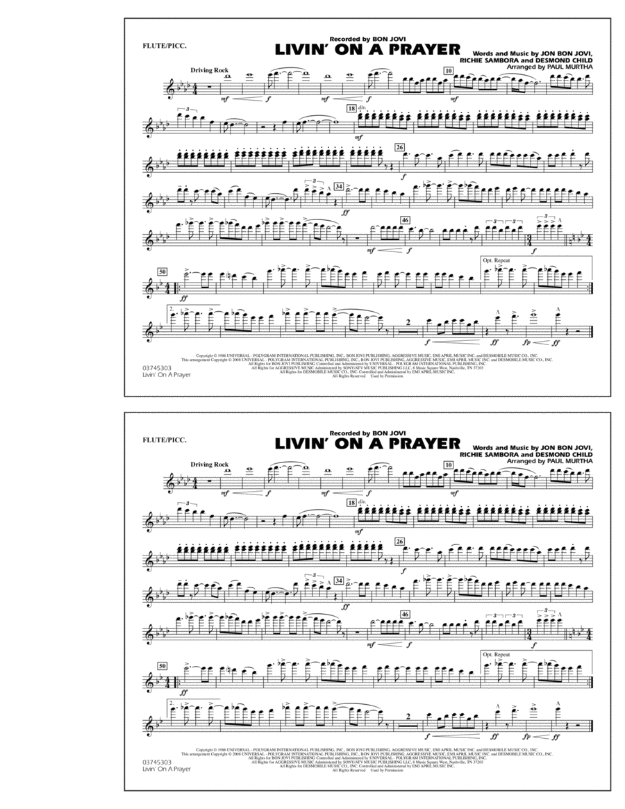 Livin' on a Prayer - Flute/Piccolo Marching Band scores gallery preview page 1