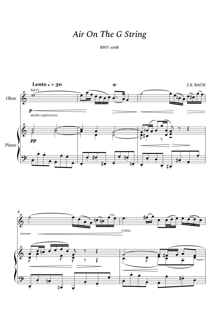 Bach - Air on The G String for Oboe and Piano Small Ensemble scores gallery preview page 1