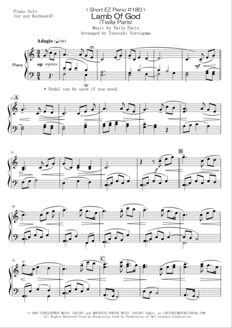 Lamb Of God Easy Piano scores gallery preview page 1