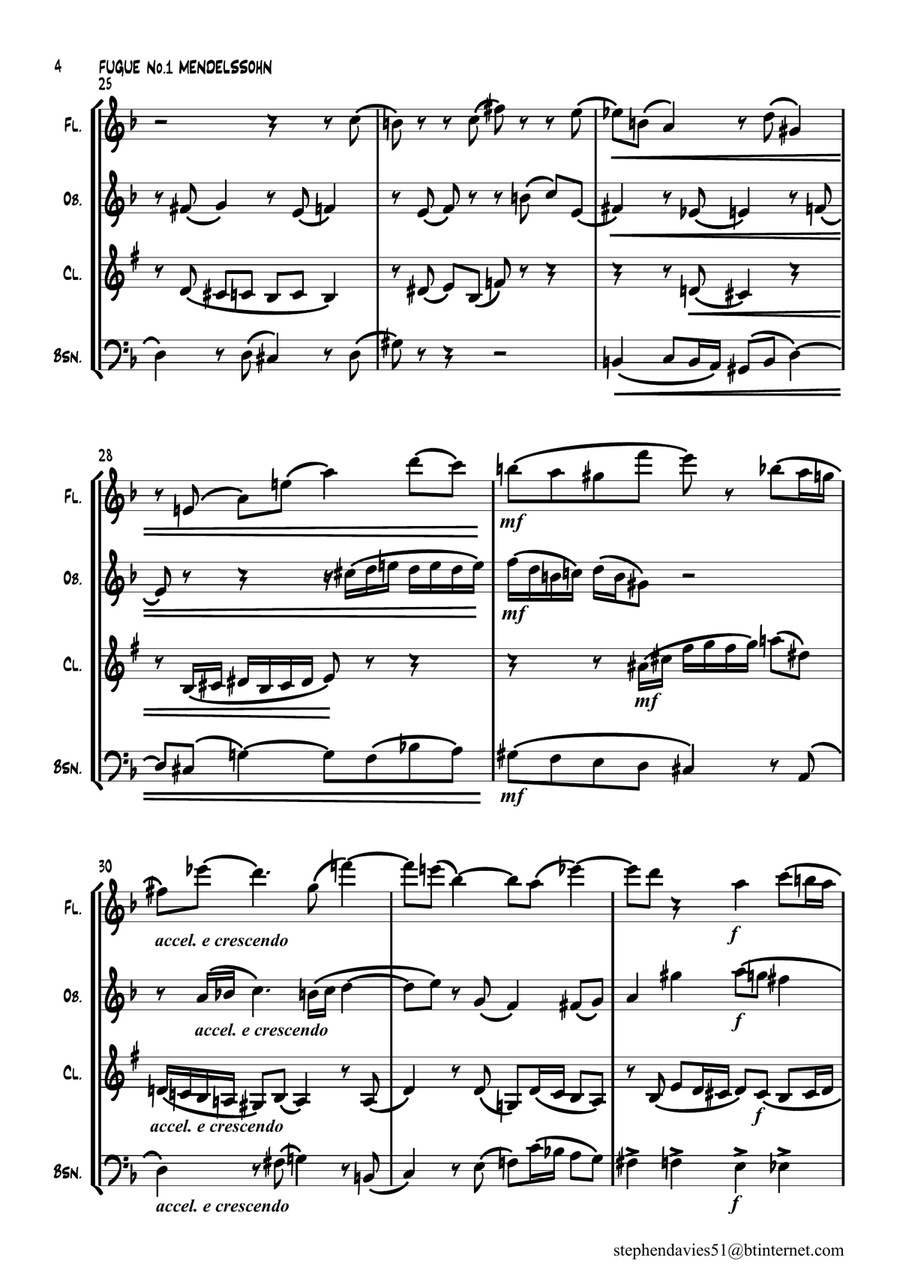 'Fugue No.1 From 6 Preludes & Fugues Op.35' by Felix Mendelssohn-Bartholdy for Woodwind Quartet. Woodwind Quartet scores gallery preview page 4