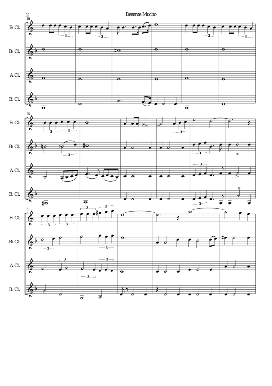 Besame Mucho (Kiss Me Much) Clarinet Quartet scores gallery preview page 2