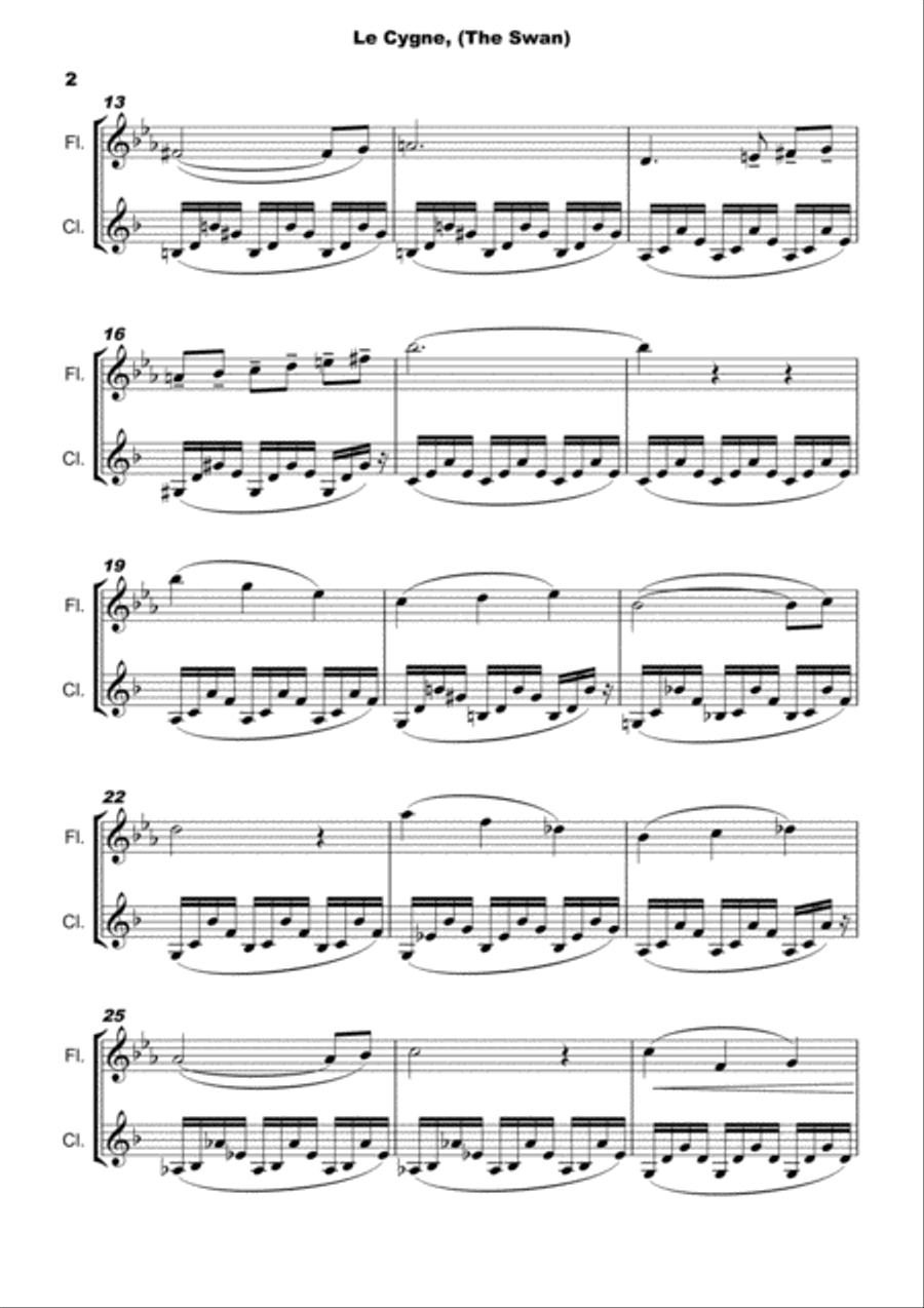 The Swan, (Le Cygne), by Saint-Saens, Duet for Flute and Clarinet Woodwind Duet scores gallery preview page 2