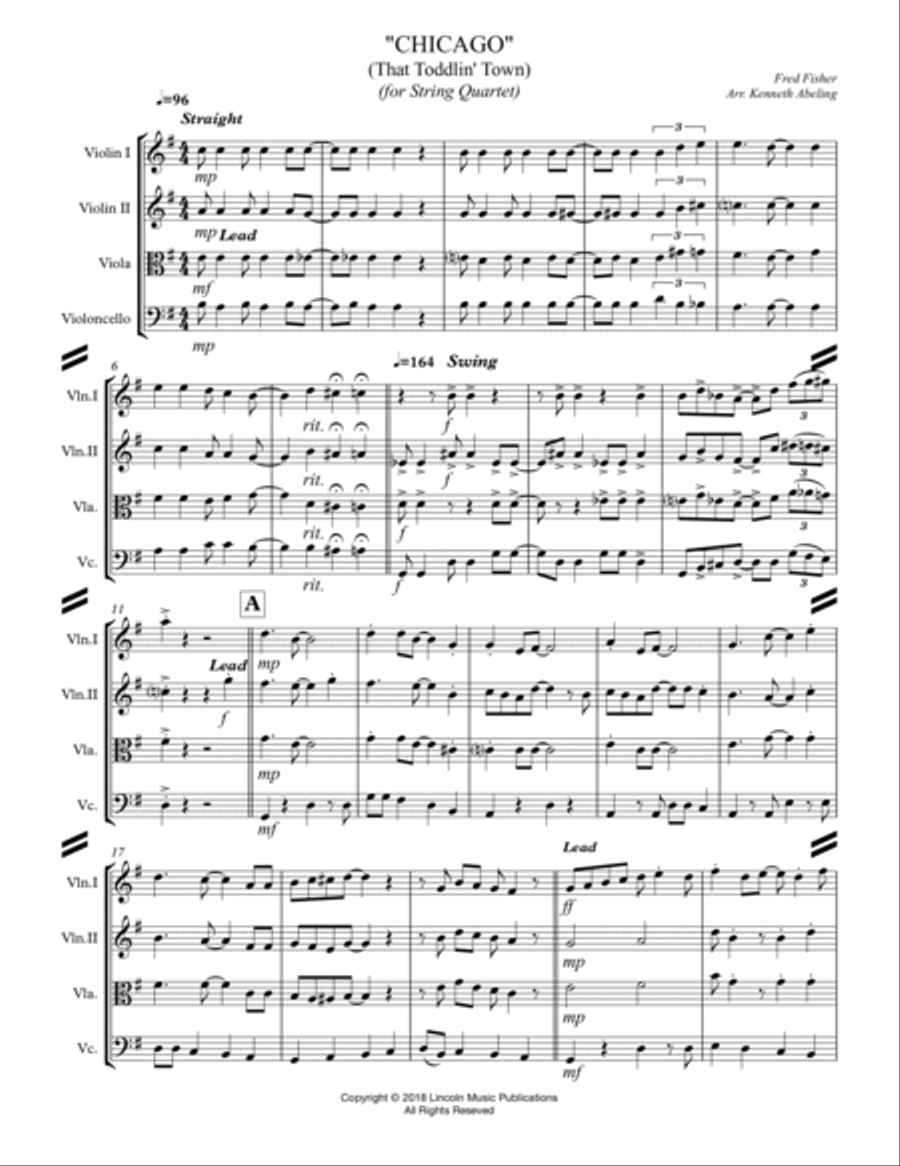 CHICAGO (That Toddlin' Town) (for String Quartet) String Quartet scores gallery preview page 2