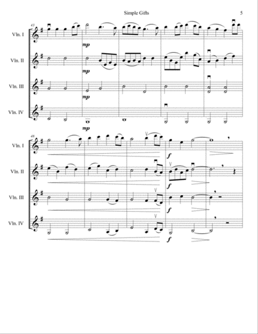Simple Gifts for Violin Quartet Violin Solo scores gallery preview page 5