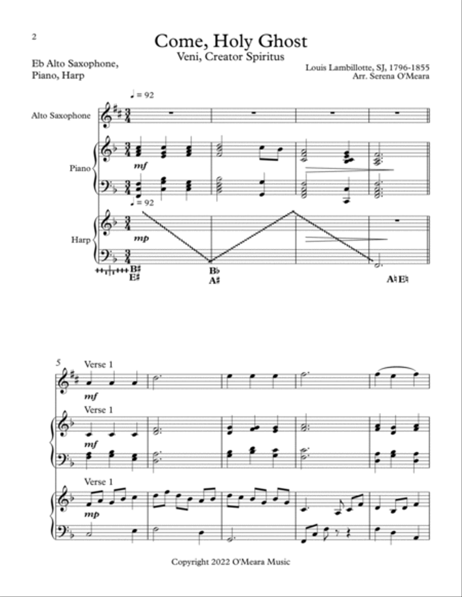 Come, Holy Ghost, Trio for Eb Alto Saxophone, Harp, Piano image number null