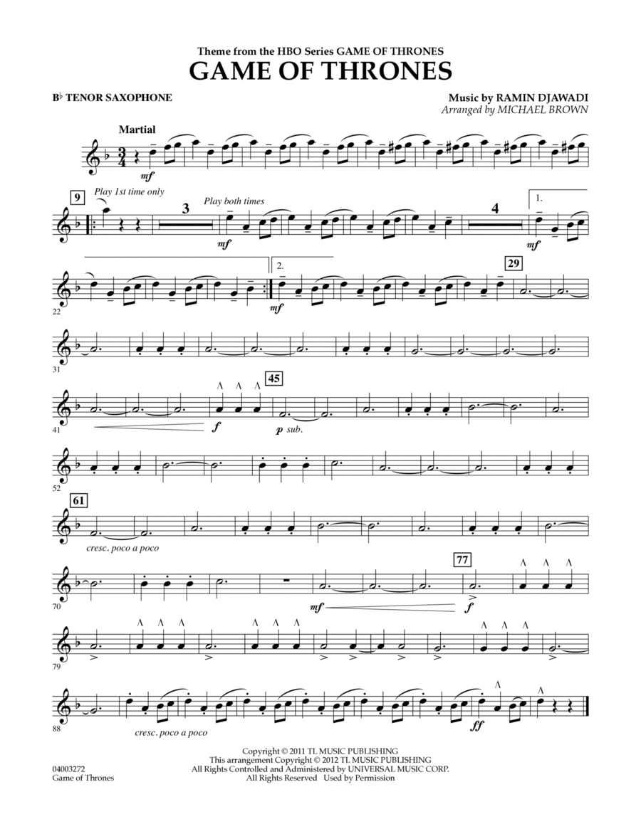 Game Of Thrones (arr. Michael Brown) - Bb Tenor Saxophone Concert Band scores gallery preview page 1