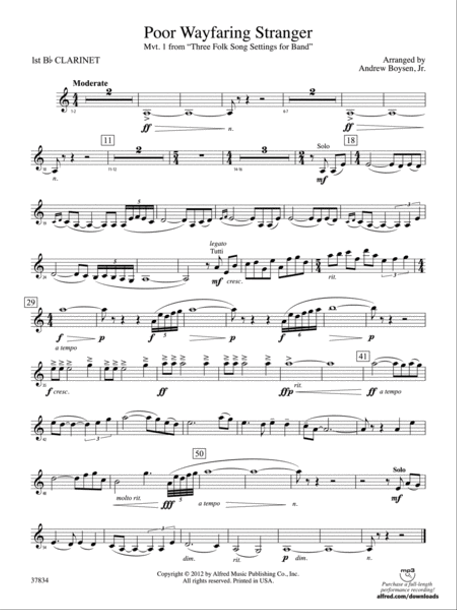 Poor Wayfaring Stranger: 1st B-flat Clarinet Concert Band scores gallery preview page 1