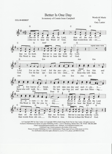 BETTER IS ONE DAY (Lead Sheet with mel, lyrics and chords) image number null