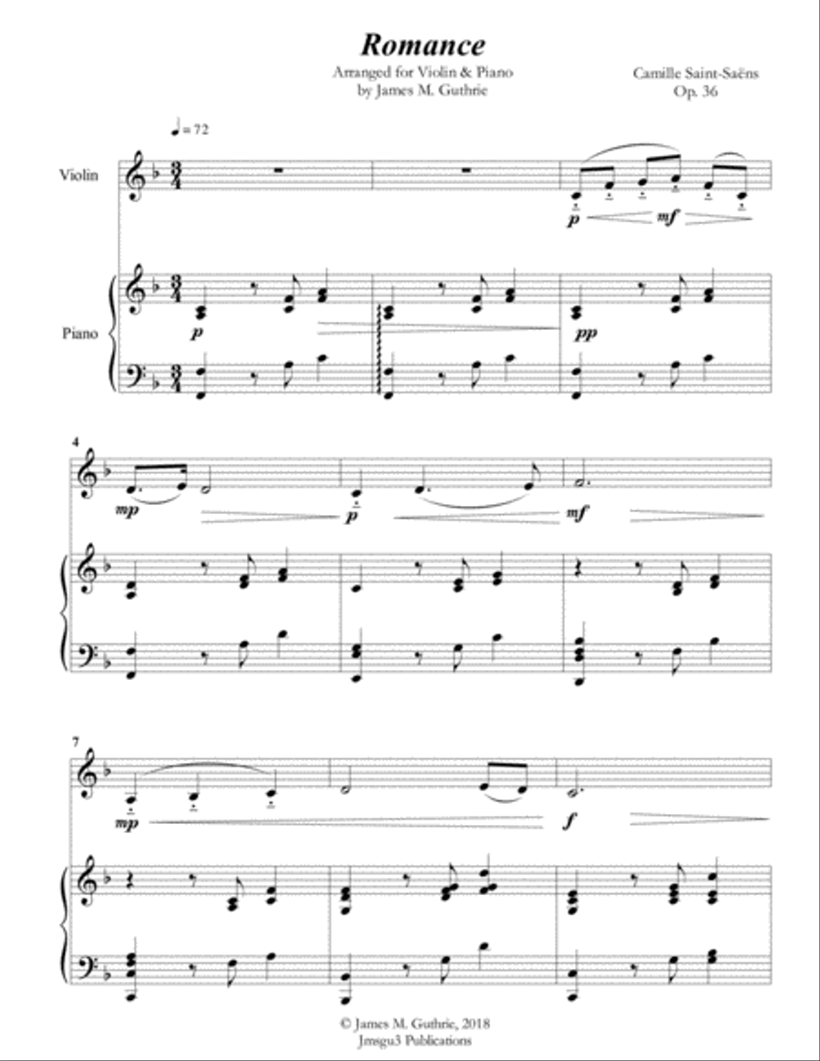 Saint-Saens: Romance for Violin & Piano Violin Solo scores gallery preview page 1